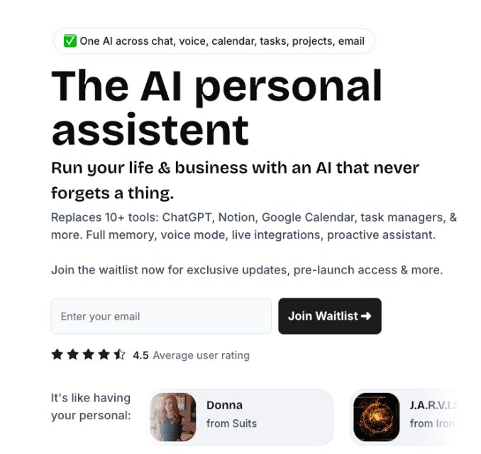 Waitlist launch page for an AI personal assistant